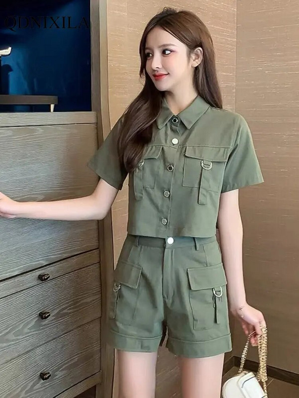 2023 m. Summer Cargo Moteriški trumpi komplektai Korėjietiško stiliaus mada Elegantiški Nauji derinami komplektai Kasdieniai 2 dalių komplektai Moteriško kostiumo apranga