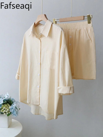 2024 Καλοκαιρινά κοστούμια από βαμβακερά λινά με σορτς για γυναίκες πουκάμισο και σορτς Φόρμα μακρυμάνικο παντελόνι μέχρι τον αστράγαλο