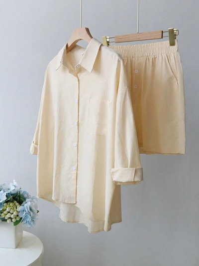 2024 Costume casual din bumbac din in, cu pantaloni scurți pentru femei, set de cămașă și pantaloni scurți, ținută cu mânecă lungă, pantaloni până la gleznă, trening