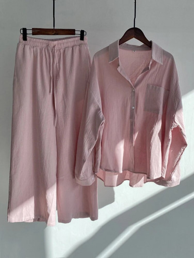 2024 Costume casual din bumbac din in, cu pantaloni scurți pentru femei, set de cămașă și pantaloni scurți, ținută cu mânecă lungă, pantaloni până la gleznă, trening