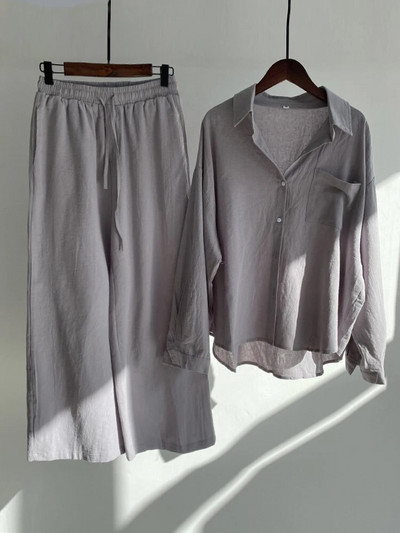 2024 Costume casual din bumbac din in, cu pantaloni scurți pentru femei, set de cămașă și pantaloni scurți, ținută cu mânecă lungă, pantaloni până la gleznă, trening