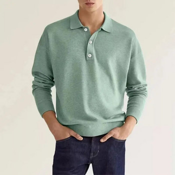 Пролет Есен Едноцветни поло ризи с дълъг ръкав Мъжки High Street Ежедневни свободни пуловери с копчета Англия Винтидж Универсални горнища
