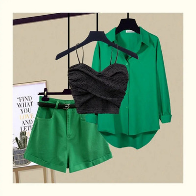 Seksīga mežģīņu siksniņa krūšturis brīva blūze ikdienas šorti trīsdaļīgi eleganti sieviešu bikšu komplekti vasaras ielas tērpi treniņtērps