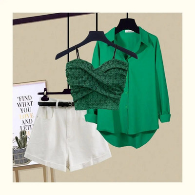 Seksīga mežģīņu siksniņa krūšturis brīva blūze ikdienas šorti trīsdaļīgi eleganti sieviešu bikšu komplekti vasaras ielas tērpi treniņtērps