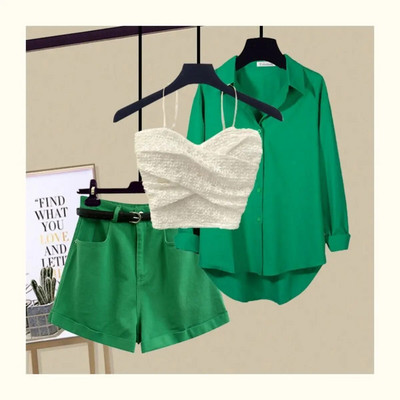 Seksīga mežģīņu siksniņa krūšturis brīva blūze ikdienas šorti trīsdaļīgi eleganti sieviešu bikšu komplekti vasaras ielas tērpi treniņtērps