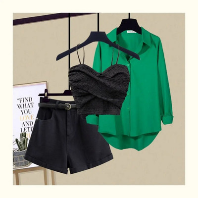 Seksīga mežģīņu siksniņa krūšturis brīva blūze ikdienas šorti trīsdaļīgi eleganti sieviešu bikšu komplekti vasaras ielas tērpi treniņtērps