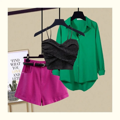 Seksīga mežģīņu siksniņa krūšturis brīva blūze ikdienas šorti trīsdaļīgi eleganti sieviešu bikšu komplekti vasaras ielas tērpi treniņtērps