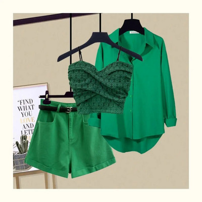 Seksīga mežģīņu siksniņa krūšturis brīva blūze ikdienas šorti trīsdaļīgi eleganti sieviešu bikšu komplekti vasaras ielas tērpi treniņtērps