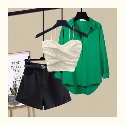 Seksīga mežģīņu siksniņa krūšturis brīva blūze ikdienas šorti trīsdaļīgi eleganti sieviešu bikšu komplekti vasaras ielas tērpi treniņtērps