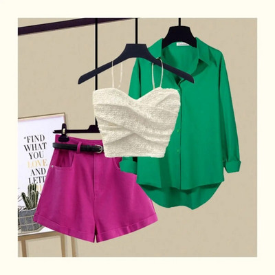 Seksīga mežģīņu siksniņa krūšturis brīva blūze ikdienas šorti trīsdaļīgi eleganti sieviešu bikšu komplekti vasaras ielas tērpi treniņtērps