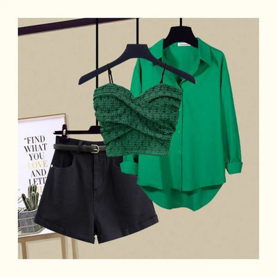 Seksīga mežģīņu siksniņa krūšturis brīva blūze ikdienas šorti trīsdaļīgi eleganti sieviešu bikšu komplekti vasaras ielas tērpi treniņtērps
