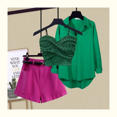 Seksīga mežģīņu siksniņa krūšturis brīva blūze ikdienas šorti trīsdaļīgi eleganti sieviešu bikšu komplekti vasaras ielas tērpi treniņtērps