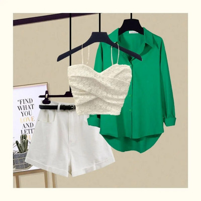 Seksīga mežģīņu siksniņa krūšturis brīva blūze ikdienas šorti trīsdaļīgi eleganti sieviešu bikšu komplekti vasaras ielas tērpi treniņtērps