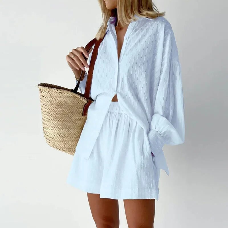 2024 m. Nauji paplūdimio marškinėlių šortai, dviejų dalių komplektas, moteriškas vasaros laisvalaikio sportinis kostiumas, laisvas ilgomis rankovėmis viršutinis kostiumas poilsio kambaryje, namų apranga