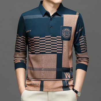 Модна марка Мъжка поло тениска с дълъг ръкав с принт Ежедневна тениска с отложна яка и пуловер Поло