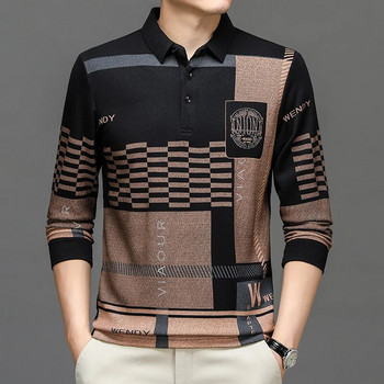 Модна марка Мъжка поло тениска с дълъг ръкав с принт Ежедневна тениска с отложна яка и пуловер Поло