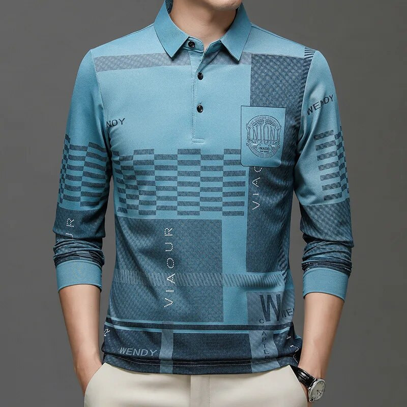 Cămașă polo cu mânecă lungă pentru bărbați, marca de modă, cu imprimeu ocazional, cu guler răsturnat, pulover