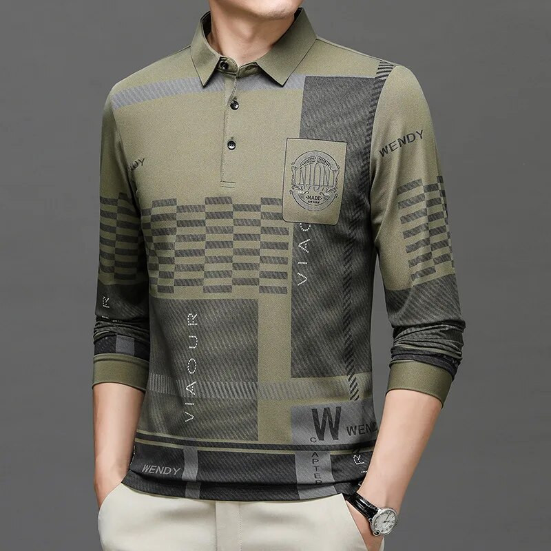 Cămașă polo cu mânecă lungă pentru bărbați, marca de modă, cu imprimeu ocazional, cu guler răsturnat, pulover
