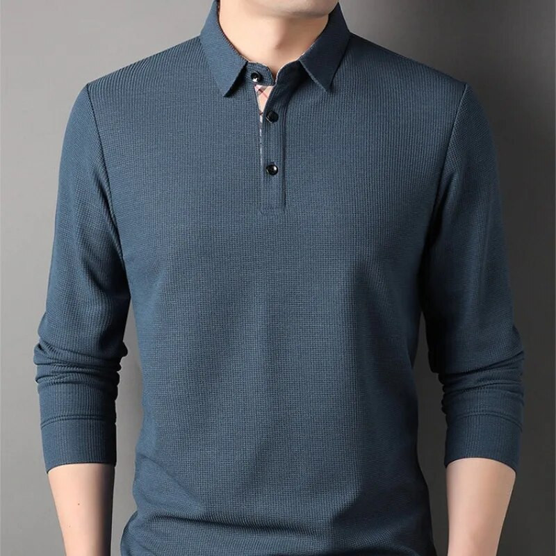 Pavasario ir rudens vyriški megztiniai atvartai, tvirti languoti marškinėliai ilgomis rankovėmis, polo apačia, madingi laisvalaikio šventinių suknelių viršūnės