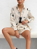 Dámske tričko s potlačou, šortky, oblek, jednoradové zapínanie, golier, voľná košeľa a elastické nohavice s vysokým pásom, 2 kusy, sada