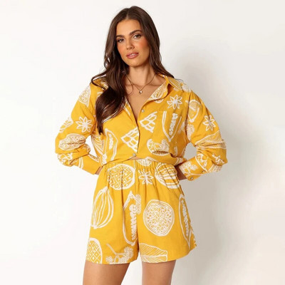 Dámske tričko s potlačou, šortky, oblek, jednoradové zapínanie, golier, voľná košeľa a elastické nohavice s vysokým pásom, 2 kusy, sada