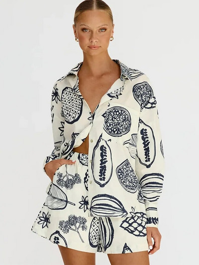 Dámske tričko s potlačou, šortky, oblek, jednoradové zapínanie, golier, voľná košeľa a elastické nohavice s vysokým pásom, 2 kusy, sada