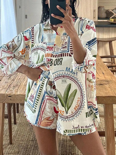 Dámske tričko s potlačou, šortky, oblek, jednoradové zapínanie, golier, voľná košeľa a elastické nohavice s vysokým pásom, 2 kusy, sada