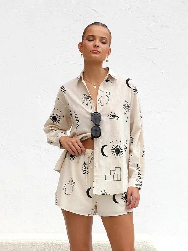 Dámske tričko s potlačou, šortky, oblek, jednoradové zapínanie, golier, voľná košeľa a elastické nohavice s vysokým pásom, 2 kusy, sada