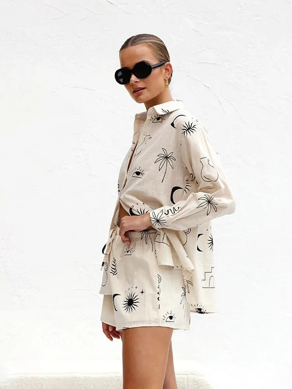 Dámske tričko s potlačou, šortky, oblek, jednoradové zapínanie, golier, voľná košeľa a elastické nohavice s vysokým pásom, 2 kusy, sada