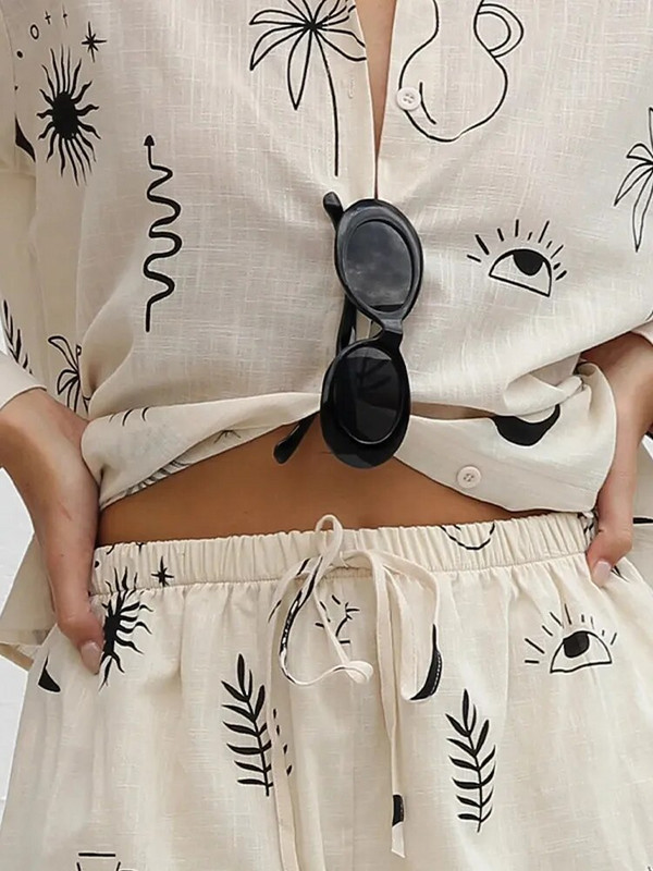 Dámske tričko s potlačou, šortky, oblek, jednoradové zapínanie, golier, voľná košeľa a elastické nohavice s vysokým pásom, 2 kusy, sada