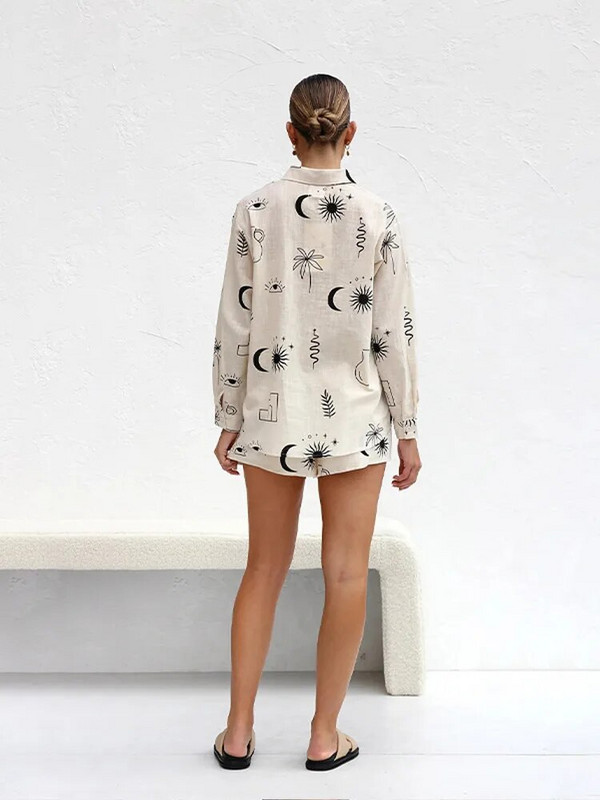 Dámske tričko s potlačou, šortky, oblek, jednoradové zapínanie, golier, voľná košeľa a elastické nohavice s vysokým pásom, 2 kusy, sada