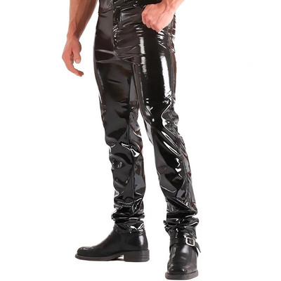 Latex férfi nadrág fényes nedves megjelenés PU bőr nadrág divatos szűk nadrág klubszínpadi show rockzenekar előadásához