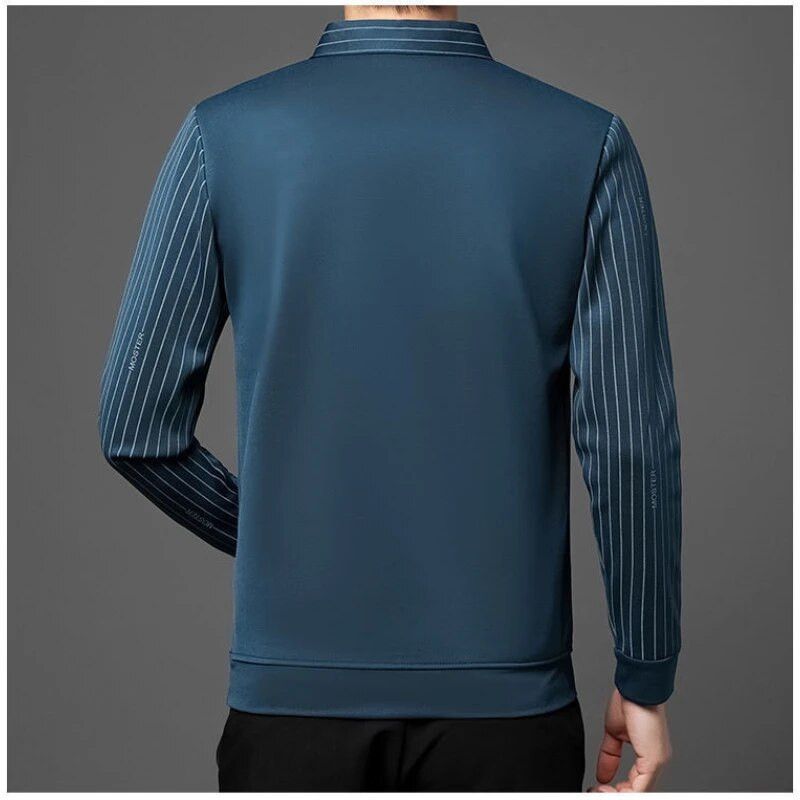 Új férfi póló lehajtható gallér tavaszi őszi hosszú ujjú gombos csíkos nyomtatás divat póló pólók alkalmi felsők