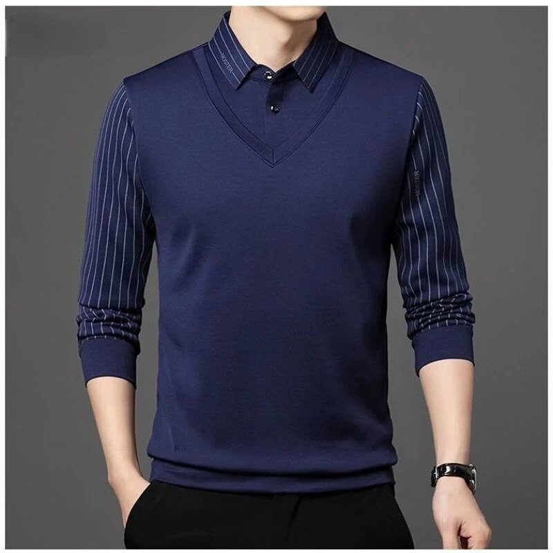 Új férfi póló lehajtható gallér tavaszi őszi hosszú ujjú gombos csíkos nyomtatás divat póló pólók alkalmi felsők