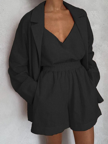 2023 Дамски елегантен костюм от 3 части Моден свободен черен потник Жилетка Къси къси костюми Комплект от три части Костюм за жени Streetwear