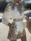 Seturi Scurte Femei Elegante Bluză Vintage Seturi 2 Piese Costume Imprimate Model Seturi Cămăși Moda Damă Casual Topuri cu gât Ținute