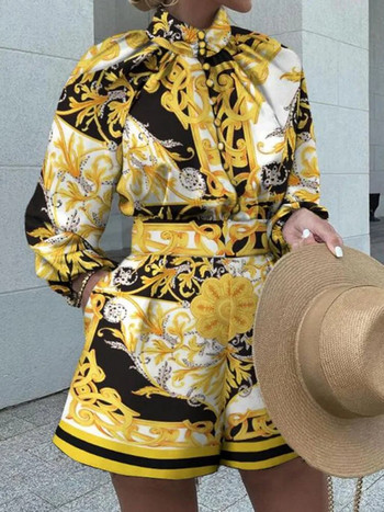 Къси комплекти Елегантна дамска ретро блуза Комплекти от 2 части Модели Костюми с щампи Модни комплекти ризи Дамски ежедневни костюми с висока яка