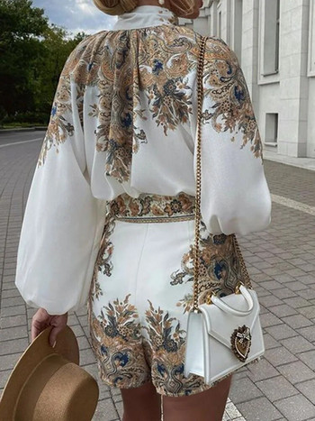 Къси комплекти Елегантна дамска ретро блуза Комплекти от 2 части Модели Костюми с щампи Модни комплекти ризи Дамски ежедневни костюми с висока яка
