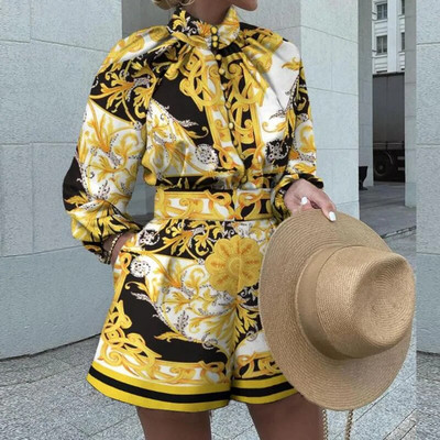 Seturi Scurte Femei Elegante Bluză Vintage Seturi 2 Piese Costume Imprimate Model Seturi Cămăși Moda Damă Casual Topuri cu gât Ținute
