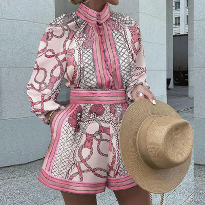 Seturi Scurte Femei Elegante Bluză Vintage Seturi 2 Piese Costume Imprimate Model Seturi Cămăși Moda Damă Casual Topuri cu gât Ținute