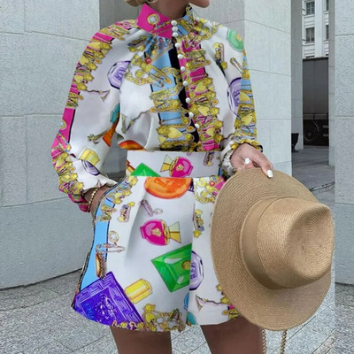 Seturi Scurte Femei Elegante Bluză Vintage Seturi 2 Piese Costume Imprimate Model Seturi Cămăși Moda Damă Casual Topuri cu gât Ținute