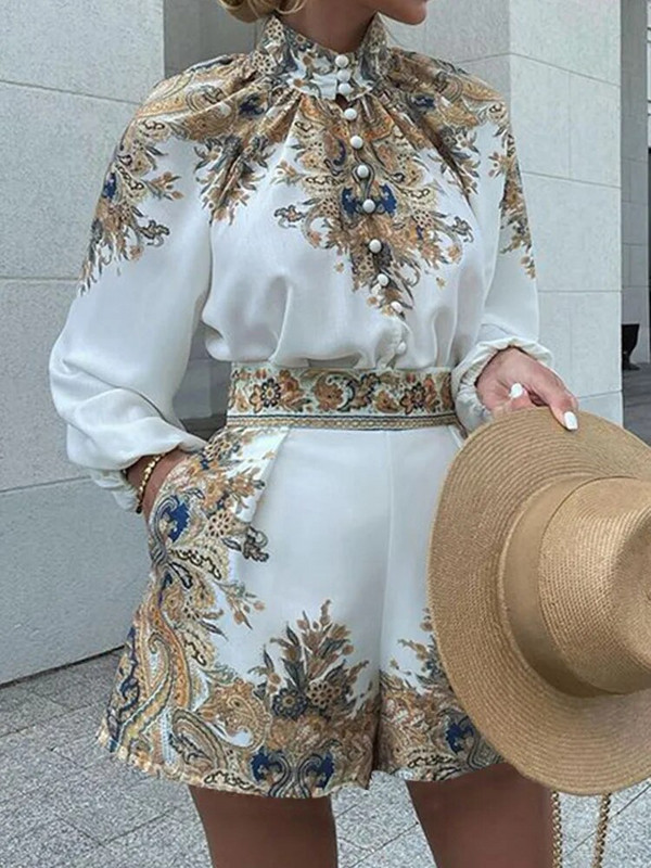 Trumpi komplektai Elegantiška moteriška vintažinė palaidinė 2 dalių rinkiniai Rašto spausdinimo kostiumai Madingi marškiniai Komplektai Moteriški laisvalaikio viršutiniai kaklo aprangos komplektai