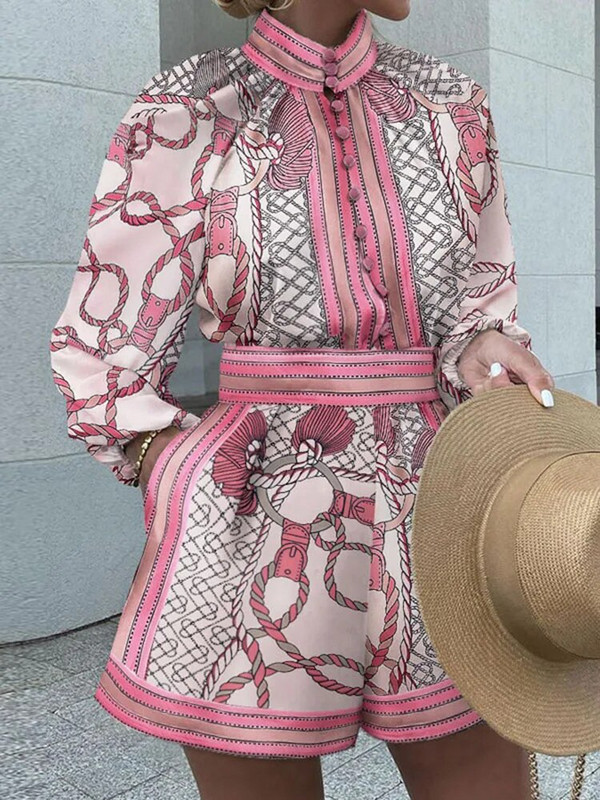 Trumpi komplektai Elegantiška moteriška vintažinė palaidinė 2 dalių rinkiniai Rašto spausdinimo kostiumai Madingi marškiniai Komplektai Moteriški laisvalaikio viršutiniai kaklo aprangos komplektai