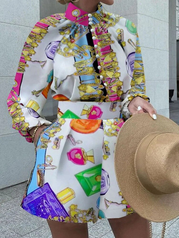 Trumpi komplektai Elegantiška moteriška vintažinė palaidinė 2 dalių rinkiniai Rašto spausdinimo kostiumai Madingi marškiniai Komplektai Moteriški laisvalaikio viršutiniai kaklo aprangos komplektai