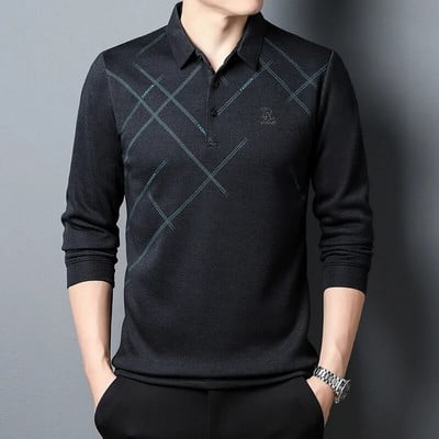 BROWON Polo tričko Pánske módne potlačené bežné strihy s dlhým rukávom Pánske polo jarné a jesenné ohrnuté golier biznis ležérne pánske tričko