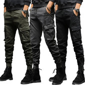 Pantaloni cargo pentru bărbați Culoare uni Multi buzunare Talie elastică cu cordon Îmbrăcăminte de stradă lejeră Pantaloni de lucru cu legături drepte la gleznă pentru zilnic
