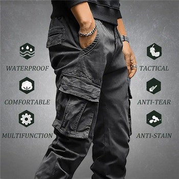 Ανδρικό παντελόνι Cargo μονόχρωμο με πολλαπλές τσέπες ελαστικό κορδόνι μέσης Φαρδύ streetwear ίσιο παντελόνι εργασίας δεμένο στον αστράγαλο για καθημερινό