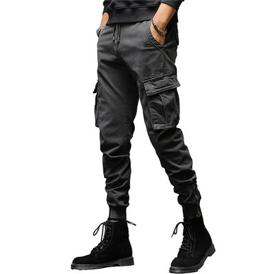 Pantaloni cargo pentru bărbați Culoare uni Multi buzunare Talie elastică cu cordon Îmbrăcăminte de stradă lejeră Pantaloni de lucru cu legături drepte la gleznă pentru zilnic