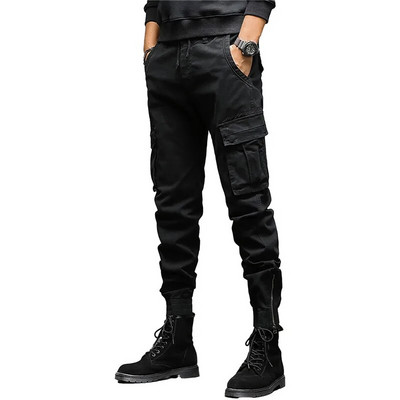 Pantaloni cargo pentru bărbați Culoare uni Multi buzunare Talie elastică cu cordon Îmbrăcăminte de stradă lejeră Pantaloni de lucru cu legături drepte la gleznă pentru zilnic