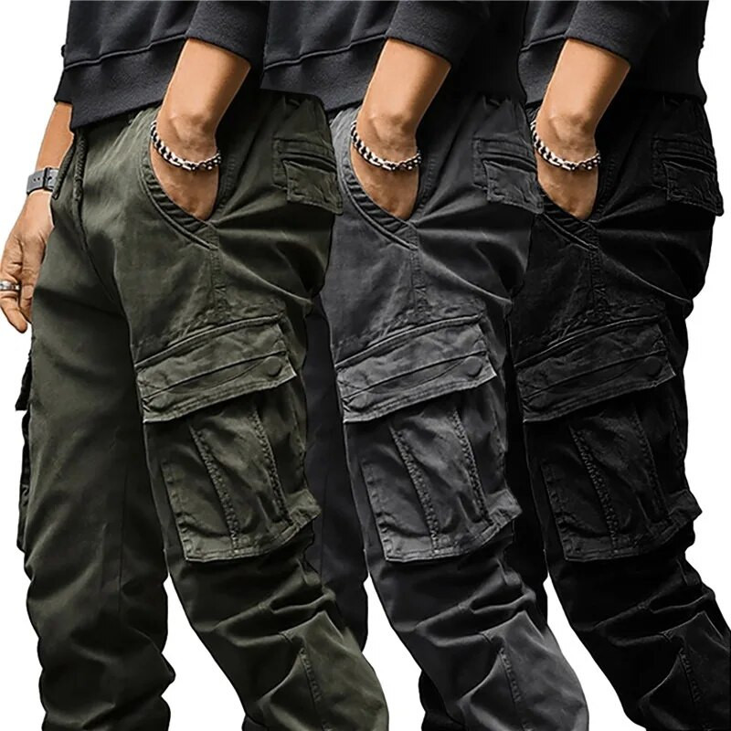 Vyriškos krovininės kelnės Vienspalvės kelių kišenių elastinės juosmens raištelės Laisvos gatvės aprangos tiesios kulkšnies surištos darbo kelnės kasdienai